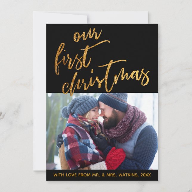 Cartão De Festividades Ondas Douradas em preto Primeiro Natal, Foto (Frente)