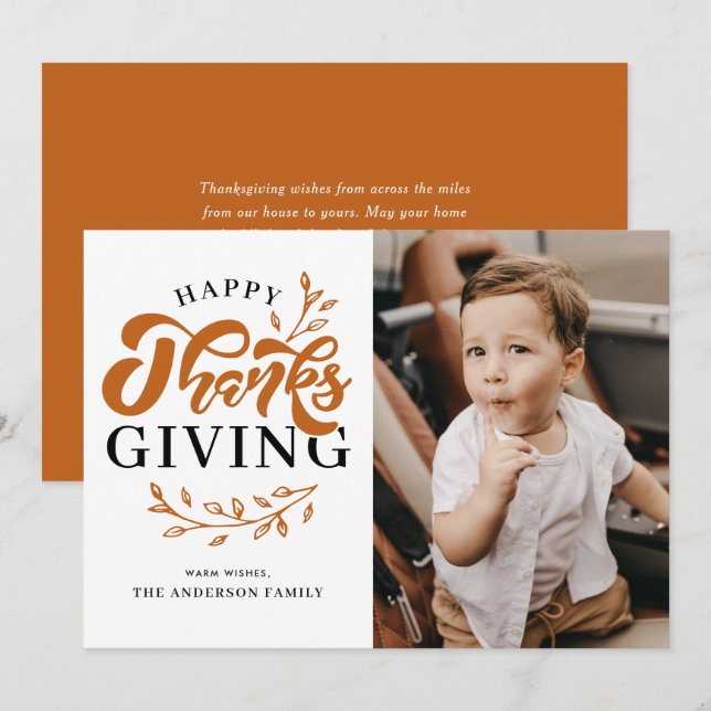 Cartão De Festividades Orange Foliage Wreath Photo Happy Graças (Frente/Verso)