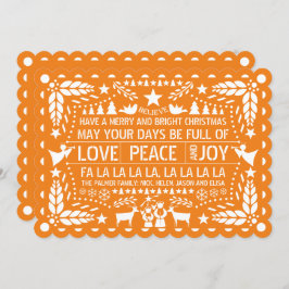 Cartão De Festividades Orange Love Peace Joy papel picado Natal