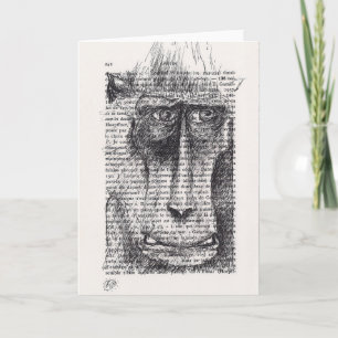 Cartão De Festividades Original Drawing of Monkey on Vintage book