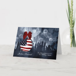 Cartão De Festividades Ornamento da bandeira americana e Natal da skyline