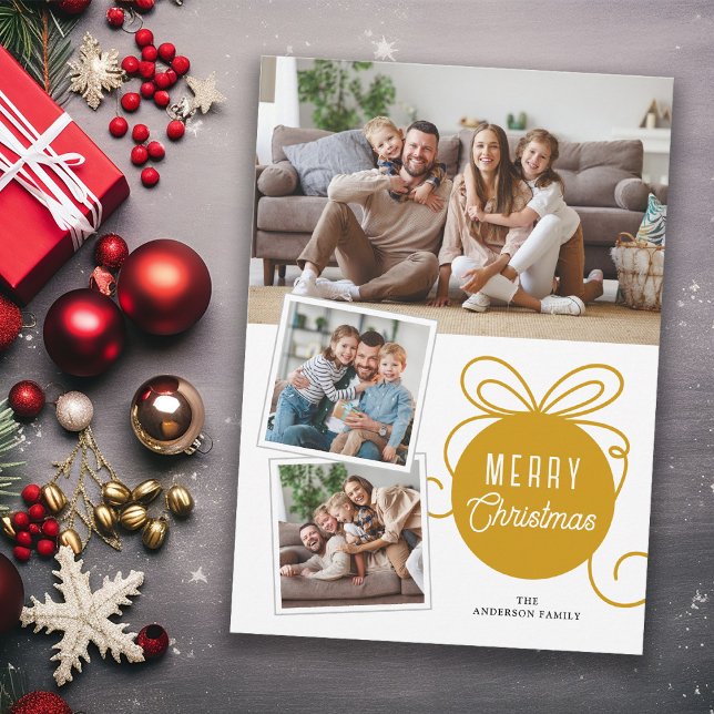 Cartão De Festividades Ornamento de Árvore Dourada Feliz Natal 3 Fotos (Criador carregado)