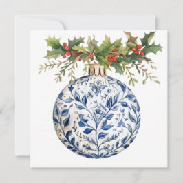 Cartão De Festividades Ornamento de Bola Chinoisserie Azul com Holly Verd