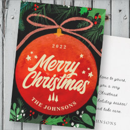 Cartão De Festividades Ornamento de Bola de Natal Vermelho Moderno Botâni