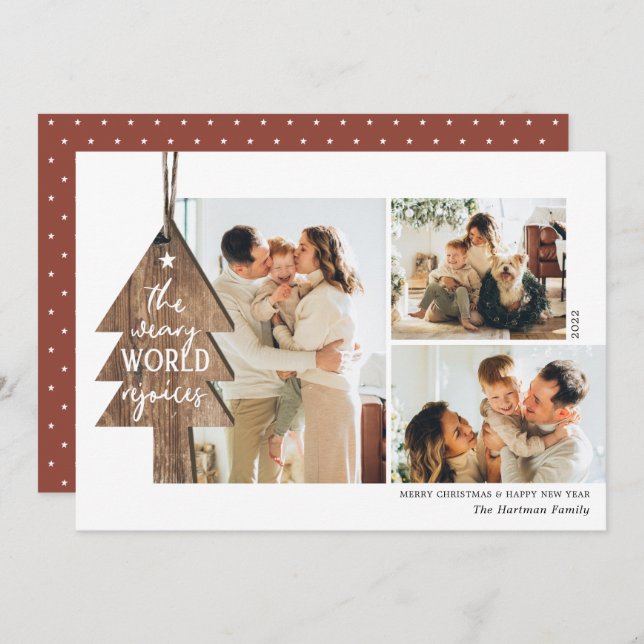 Cartão De Festividades Ornamento Russo de Madeira 3 Foto Colagem Natal (Frente/Verso)