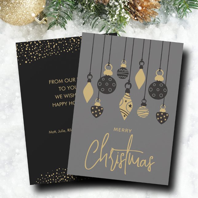 Cartão De Festividades Ornamentos de Árvores de Natal Chic (Black and gold Christmas tree ornaments on holiday greeting cards, PRINTED and/or INSTANT DOWNLOAD)