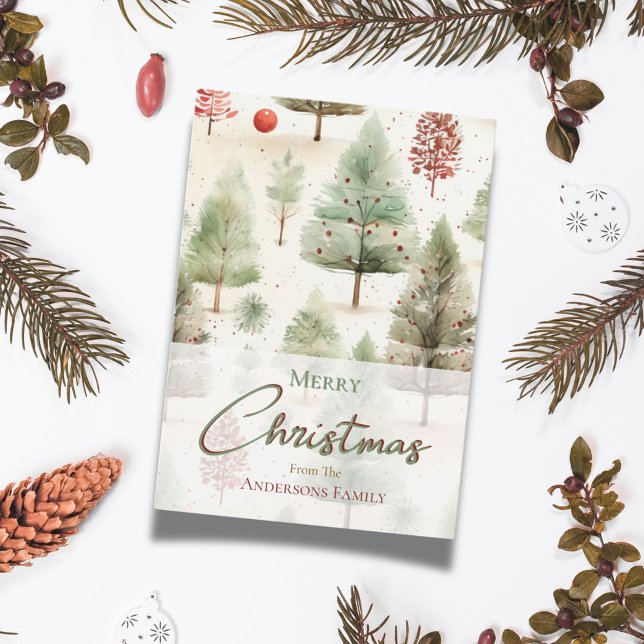 Cartão De Festividades Ornamentos Vermelhos das Pinheiras Verdes de Natal (Criador carregado)