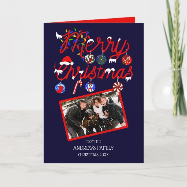 Cartão De Festividades Ornaments Lights Snowy Feliz Foto de Natal (Frente)