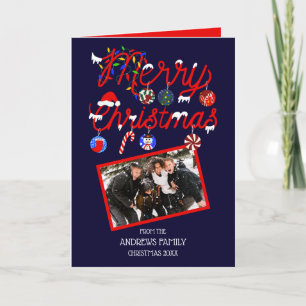 Cartão De Festividades Ornaments Lights Snowy Merry Photo Christmas