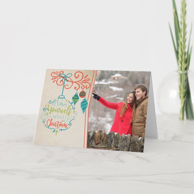 Cartão De Festividades Ornaments Retro & Merry Christmas Bauble - Foto (Frente)