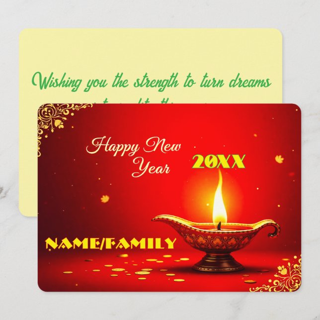 Cartão De Festividades Ornate Diya – Warm Golden New Year (Frente/Verso)