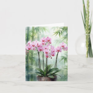 Cartão De Festividades Orquídeas Rosa Com Árvores de Bambu