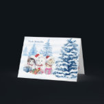 Cartão De Festividades Os gatinhos do papai noel, árvores, apresentam o<br><div class="desc">Gatinhos bonitos do papai noel,  pinheiros nevado e cartão de Natal alemão dos presentes. O texto alemão na parte dianteira diz: Feliz Natal. Interior no alemão demasiado: Feliz Natal e um feliz ano novo</div>