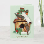 Cartão De Festividades Os pássaros do inverno dobraram o Natal<br><div class="desc">Cena deliciosa dos animais selvagens do inverno com pássaros pequenos,  o birdhouse coberto de neve e as folhas do azevinho.</div>