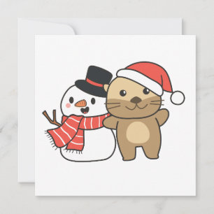 Cartão De Festividades Otter Com Snowman No Inverno Para Férias De Natal