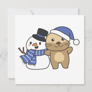 Cartão De Festividades Otter Com Snowman No Inverno Para O Natal
