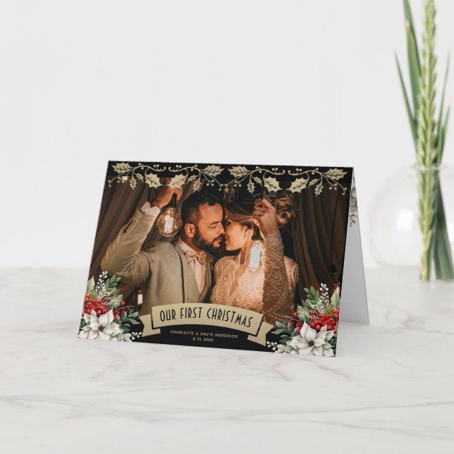 Cartão De Festividades Our First Christmas Black Gold Newlywed Photo (Frente)
