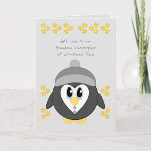 Cartão De Festividades Our Grandson at Christmas cute penguin grey