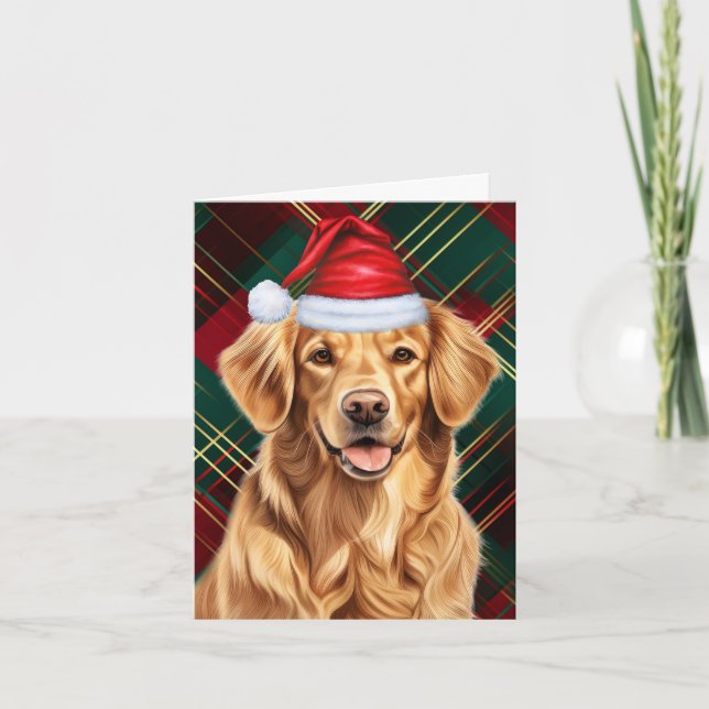 Cartão De Festividades Ouro Cachorro Vermelho Xadrez Verde Natal (Frente)