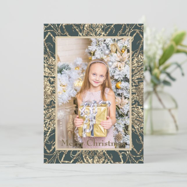 Cartão De Festividades Ouro elegante Foto de Natal feliz real (Em pé/Frente)
