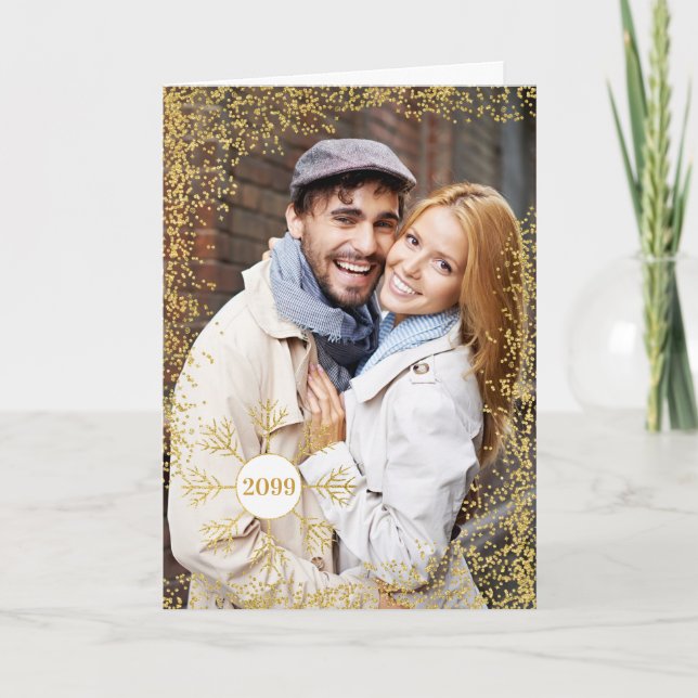 Cartão De Festividades Ouro Faux Glitter e Foto de Natal Snowflake (Frente)