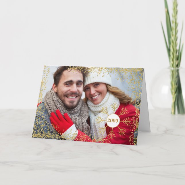 Cartão De Festividades Ouro Faux Glitter Snowflake Foto de Natal HORZ (Frente)