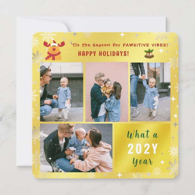 Cartão De Festividades Ouro Feliz Feriados de Colagem de Fotos Rudolph En (Frente)