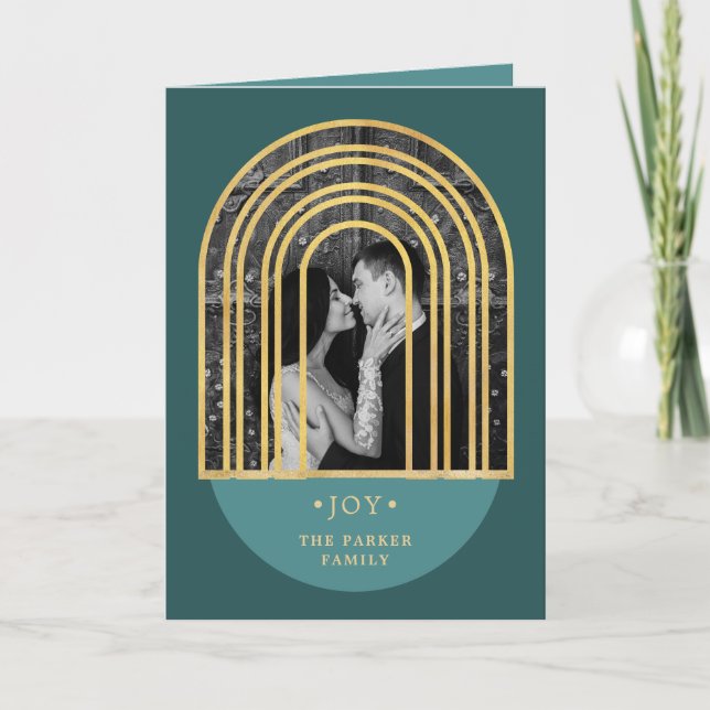 Cartão De Festividades Ouro | Foto de Natal Verde Profundo (Frente)