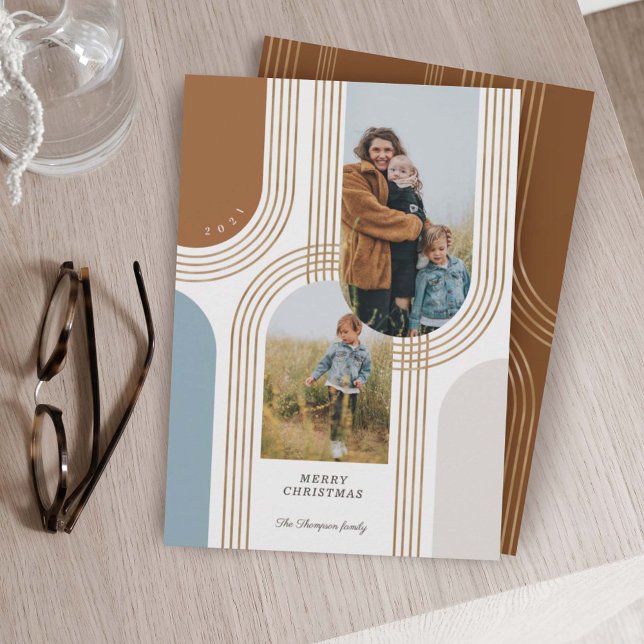 Cartão De Festividades Ouro Geométrico Concentrado Moderno Arcos 2 Fotogr (Criador carregado)