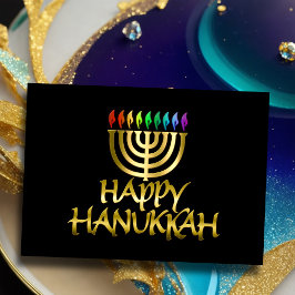 Cartão De Festividades Ouro Menorah Rainbow Flames Happy Hanukkah Card