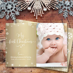 Cartão De Festividades Ouro Meu Primeiro Natal Bebê Foto Flocos de Neve C