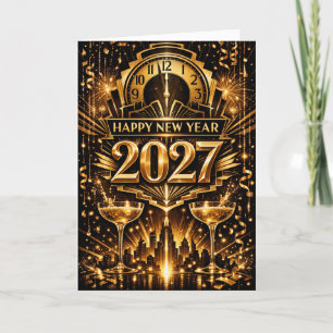 Cartão De Festividades Ouro Ousado Art Déco Cidade Ano Novo 2027
