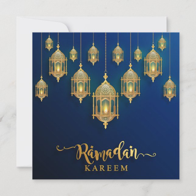 Cartão De Festividades Ouro Ramadan Mubarak Lanternas Islâmicas Azul (Frente)