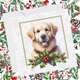 Cartão De Festividades Ouro Retriever Natal Holly Flocos de Neve