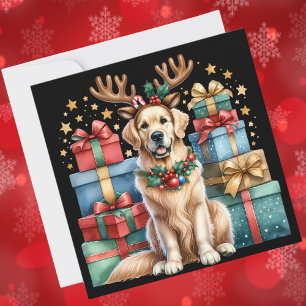 Cartão De Festividades Ouro Retriever Reindeer de Natal - Presentes