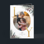 Cartão De Festividades Ouro Rustic Winter Boughs Joy 5 Foto<br><div class="desc">Corante-d-água da floresta de inverno ramos e bagas,  letras falsas de folha de ouro,  cartão de férias dobrado com fotos da família 5.</div>