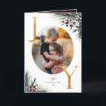 Cartão De Festividades Ouro Rustic Winter Boughs Joy 5 Foto<br><div class="desc">Corante-d-água da floresta de inverno ramos e bagas,  letras falsas de folha de ouro,  cartão de férias dobrado com fotos da família 5.</div>