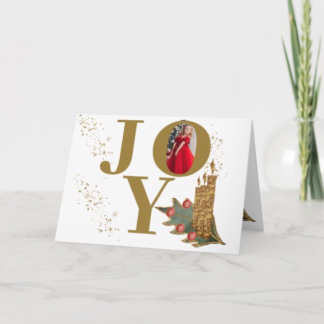 Cartão De Festividades Ouro Velas Holly Berries Joy Foto de Natal (Frente)