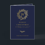 Cartão De Festividades Ouro Winter Wreath Blue<br><div class="desc">ouro elegante monograma de inverno,  cartões de natal em azul festivo. A placa apresenta dentro de padrão e várias linhas de modelo para a sua saudação personalizada.</div>