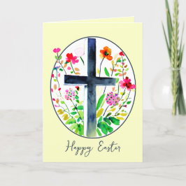 Cartão De Festividades Oval cruz aquarela e flores Páscoa personalizada