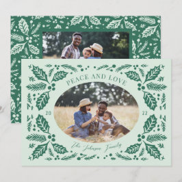 Cartão De Festividades Oval Foto Vintage com Folhas de Azevinho | Verde C