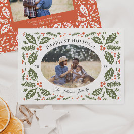 Cartão De Festividades Oval Foto Vintage com Folhas de Azevinho | Verde e