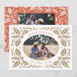 Cartão De Festividades Oval Foto Vintage com Folhas de Natal | Vermelho e