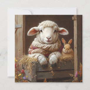 Cartão De Festividades Ovelhas e coelhos em celeiro com flores