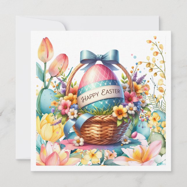 Cartão De Festividades Ovos de Cesta de Páscoa & Flores de Primavera (Frente)