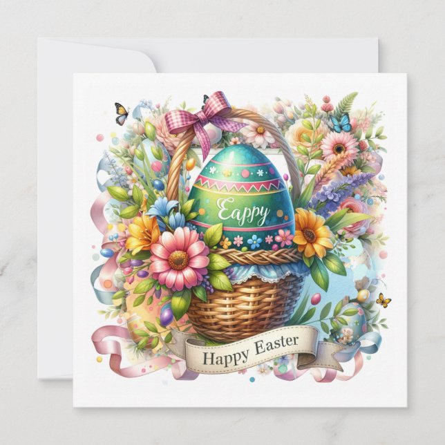 Cartão De Festividades Ovos de Cesta de Páscoa & Flores de Primavera (Frente)