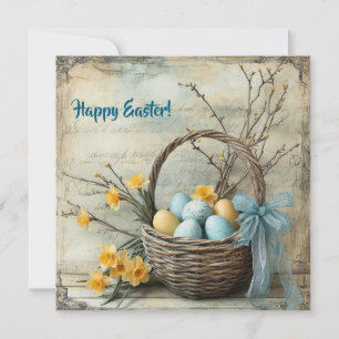 Cartão De Festividades Ovos de Páscoa azuis e amarelos e narcisos