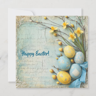 Cartão De Festividades Ovos de Páscoa azuis e amarelos e narcisos