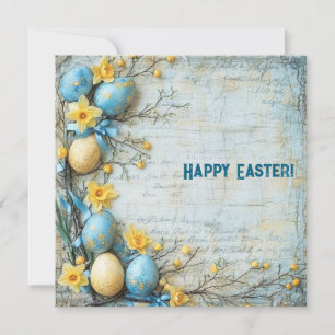 Cartão De Festividades Ovos de Páscoa azuis e amarelos e narcisos