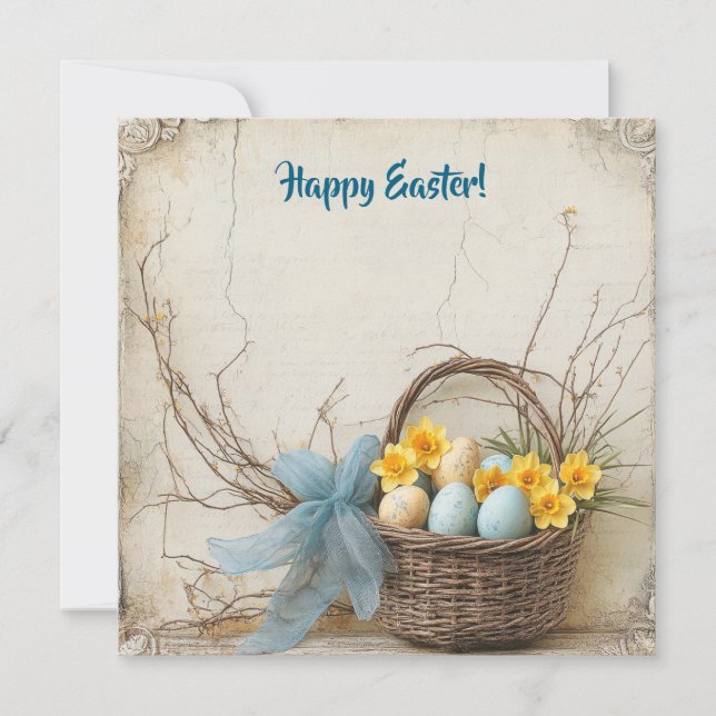 Cartão De Festividades Ovos de Páscoa azuis e amarelos e narcisos (Frente)